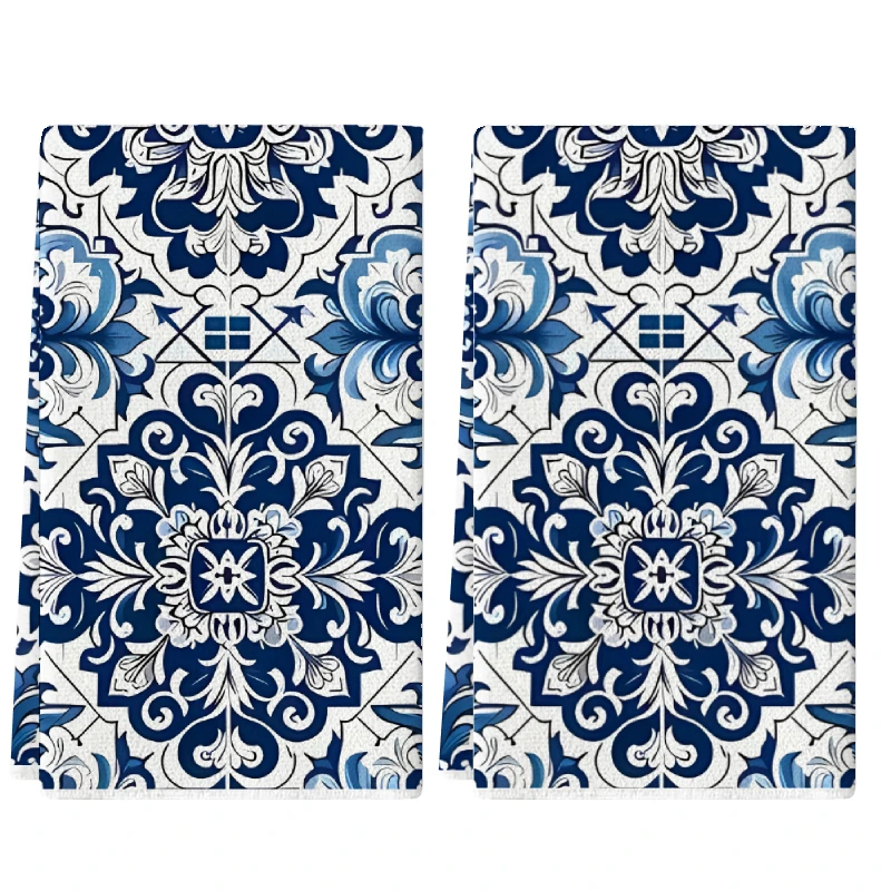 2Pcs, Blue and White Patterned Kitchen Towels, 40Cm*60Cm Towel Set, Super Absorbent Soft Cleaning Cloth, Cooking and Baking Tea Towel, Hand Towel, Cleaning Cloth, Dishcloth, Kitchen Decoration, Living Room Decoration, Kitchen Essentials, Home Essentials