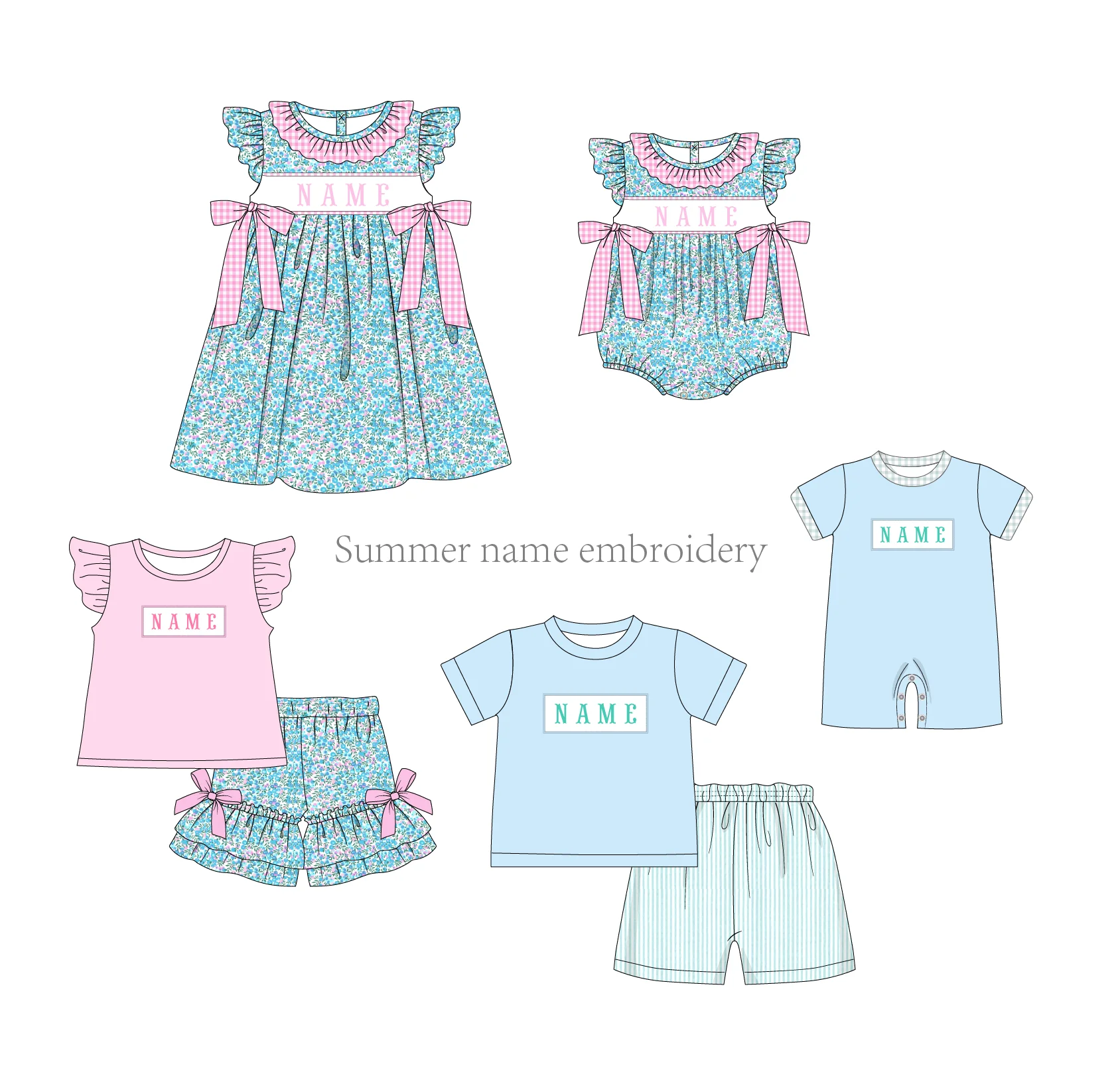 

Baby Girls 1-8T Clothes Set Bluey Clothing Suit Custom Name Embroidery Bodysuit Sweet T-shirts Skirt Seersucker Shorts Outfit