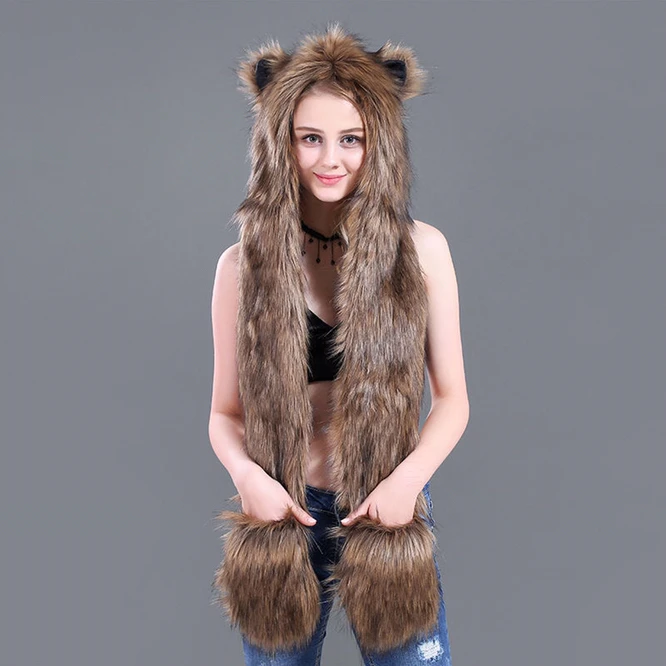 New Leopard Print Animal Hoods Cute Animal Faux Fur Hat Cap Women Mens Fashion Warm Animal Fur Hats With Gloves Girl Cartoon Hat