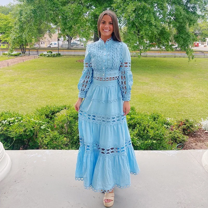 

Retro Princess Sleeve Lace Trim Pure Color Women's Set Summer Fashion Long Sleeve Shirt And Skirt Ensemble for Adults