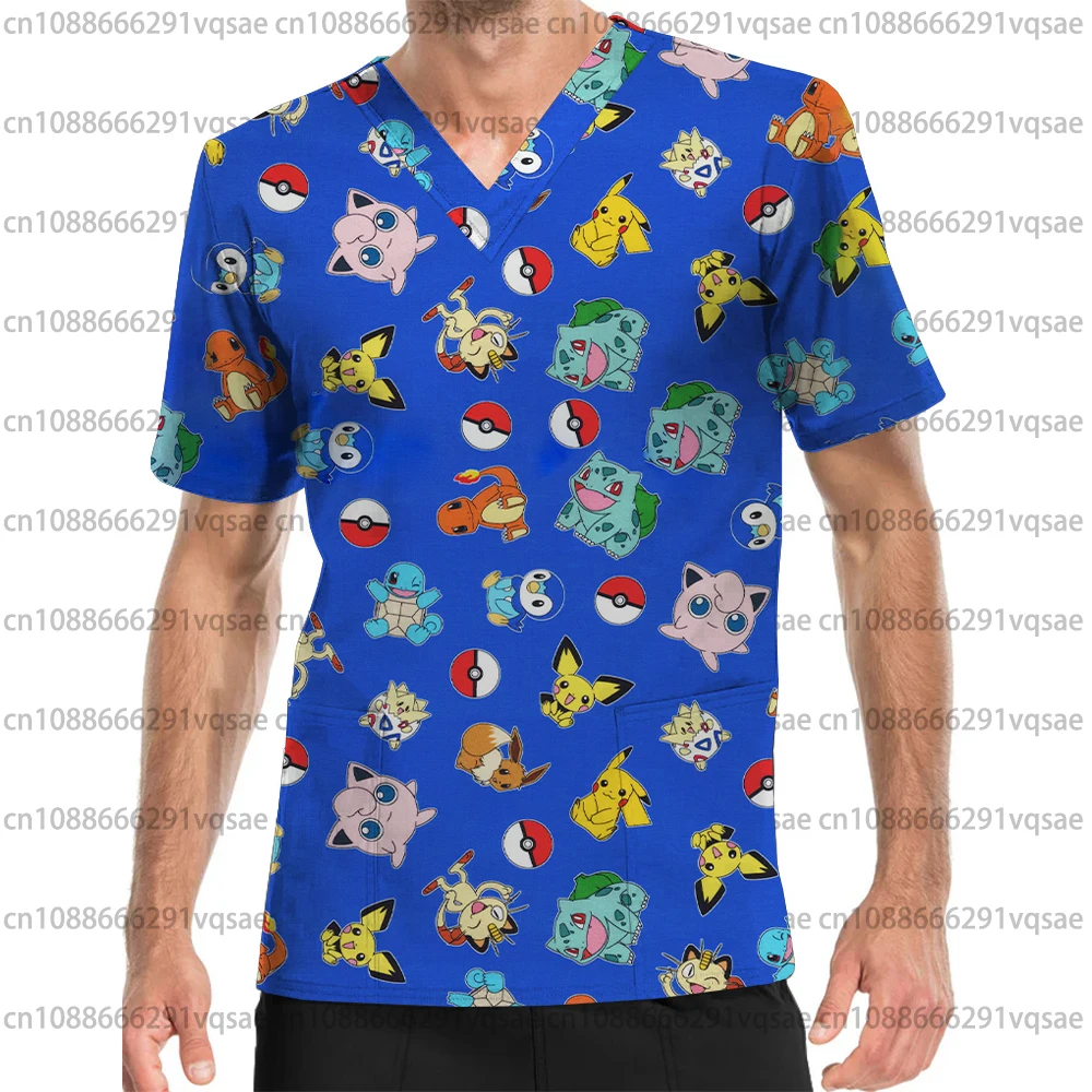

New Women's V-neck Short-sleeved Frosted Top with Cartoon Pokemon Print - Women's Beauty Salon and Dental Work Uniform