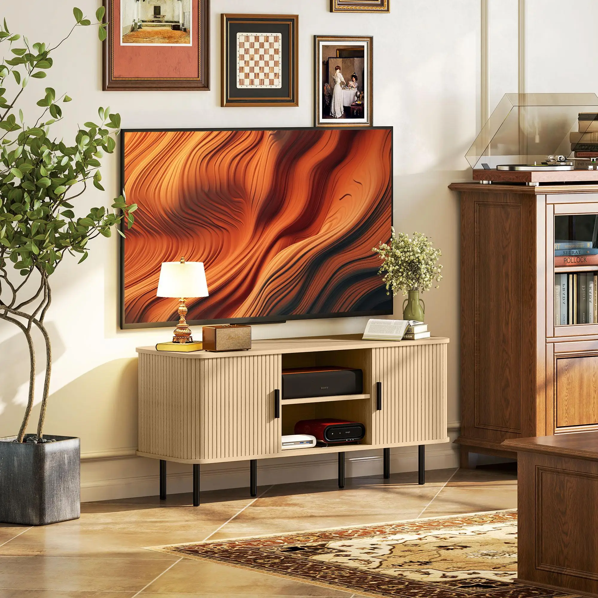Soporte para TV de 120x40x55 cm con 2 Puertas Corredizas y 2 Compartimentos Abiertos, Madera con Acabado Roble para Televisor de 55 Pulgadas, Gestión de Cables, Moderno