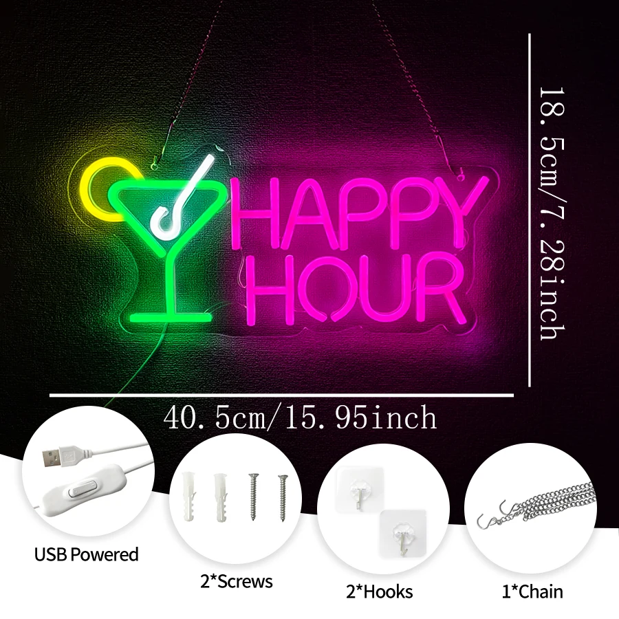 Happy Hour Led Neon Sign, Cocktail Glass Business Icon, Used For Bars, Clubs, Restaurants, Shop Windows, Holiday Party Decor.