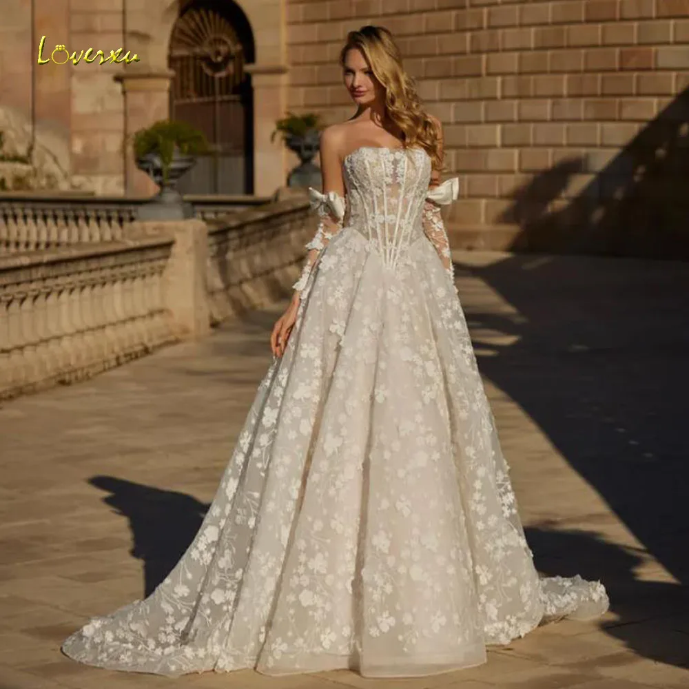 

Свадебное платье Loverxu А-силуэта без бретелек со съемными рукавами, кружевное, с вышивкой, изысканное, на заказ