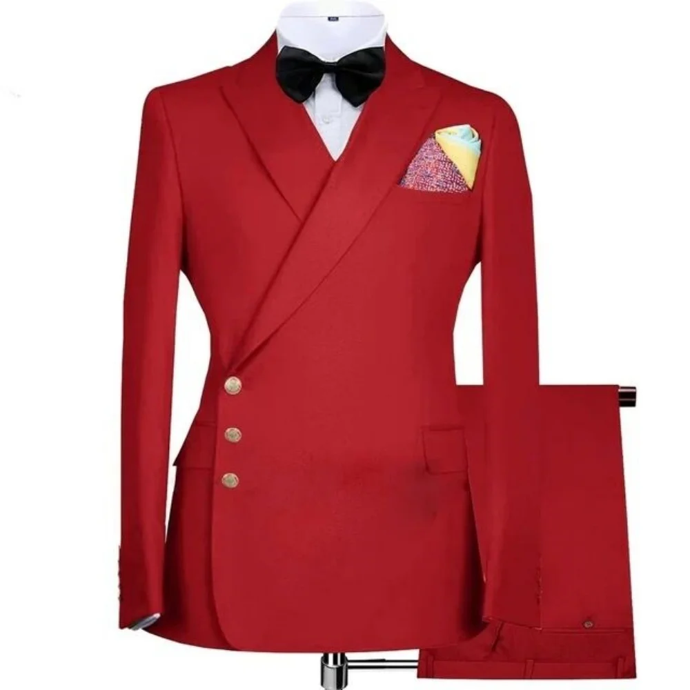 أنيقة الصلبة 2 قطعة الرجال سهرة رسمية الأعمال الزفاف العريس سترة مزدوجة الصدر مع الذروة التلبيب والسراويل