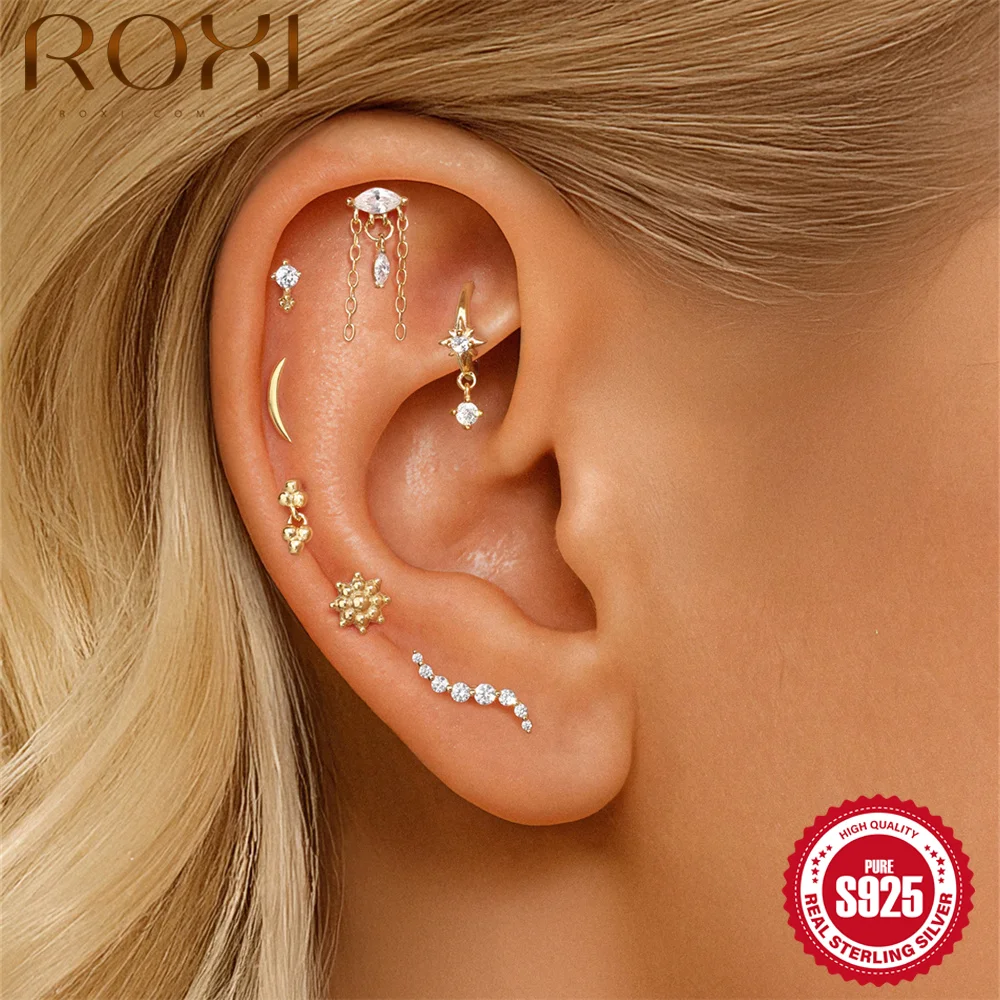 

ROXI 1Piece 925 Sterling Silver Shiny Star Moon Tassel Chain Piercing Earring For Women Charms Earrings Party Gift Fine Jewelry