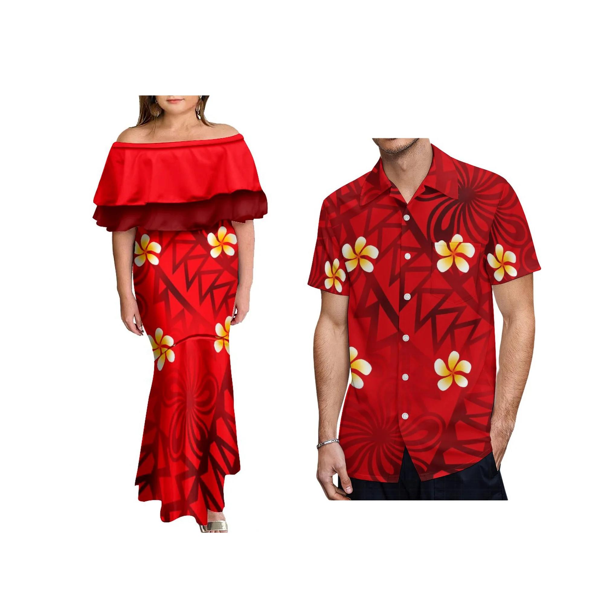 New Arrivals Big People 7XL Women's  Print Fishtail Dresses Polynesia Design Double Frill Off Shoulder Mermaid Dress