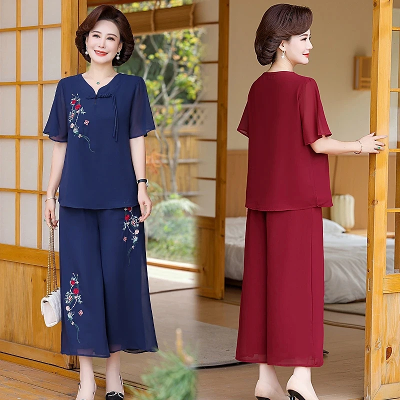 

Middle Aged Elderly Mother Summer Sets Short Sleeve Embroidered T-shirt + Wide Leg Pants 2 Piece Suit Fashion Loose Women Outfit