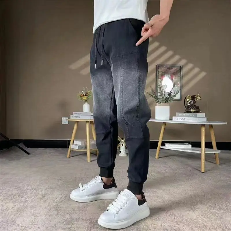 Fashion Autumn New Arrival Gradual Change Men's Jeans Drawstring Casual  Tapered Legs Cargo Gradient Harajuku Denim Jeans Man