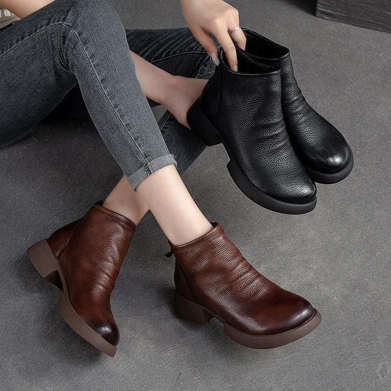 

Women Ankle Boots Black Genuine Leather women's boots Zip Handmade Sewn Luxury Platform Shoes Elegant Short Boots