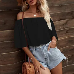 Women's Blouse Solid Sexy Off Shoulder Blouses Flare Sleeve Ruffles Blusa Chiffon Fashion Ruffles Party Strapless Tops Female