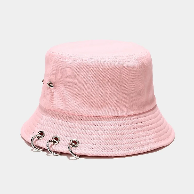 K Pop Harajuku Hip Hop Bucket Hat Punk Spiked Rivets Metal Rings Fisherman Cap Outdoor Streetwear Summer Panama Has