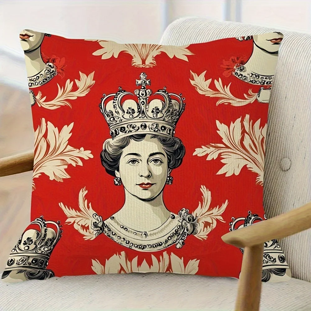Queen Elizabeth Print Throw Pillow Cover Vintage Royal Crown Floral Pattern Decorative Cushion Case for Home Sofa Couch