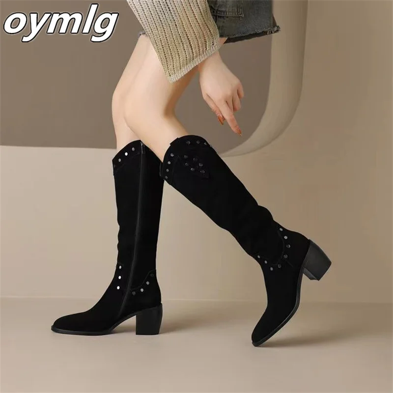 Retro round toe thick heeled Western cowboy boots with rivets frosted and slimming high heels V-neck long tube boots for women