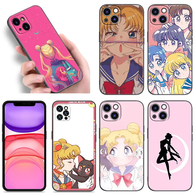 Czarne silikonowe etui na telefon Anime Sailor Moon Apple iPhone 12 13 Mini 11 14 15 Pro Max 7 8 Plus X XR XS SE 2020 2022