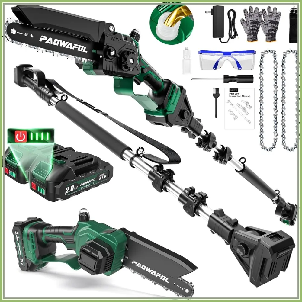 

2-in-1 Pole Saws for Tree Trimming, Mini Chainsaw Cordless 6 Inm,15 FT Reach,Electric Pole Saw,2*21V Battery,Brushless Branch