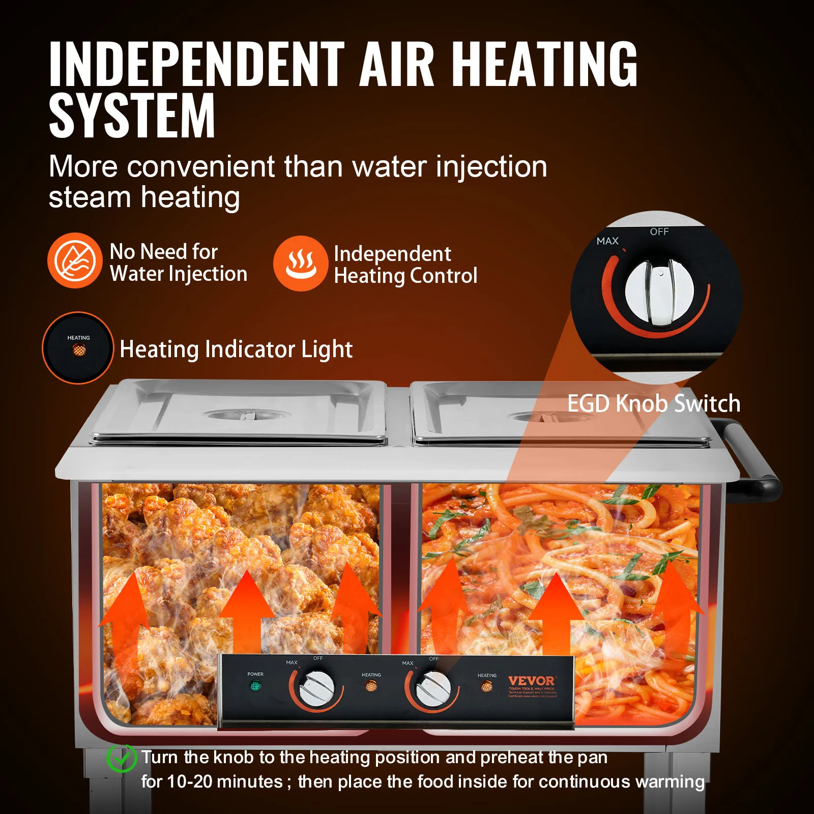 VEVOR 2-Pan جهاز تسخين الطعام التجاري 2x20.6QT طاولة بخار كهربائية 1000 واط بوفيه احترافي لتخفيف الطعام مع 4 عجلات