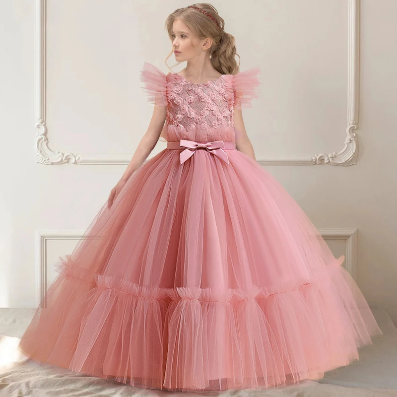 Flower Kids Long Party Bridesmaid Dress For Girls Children Costume Lace Princess Dresses Girl Wedding Dress Birthday Gown