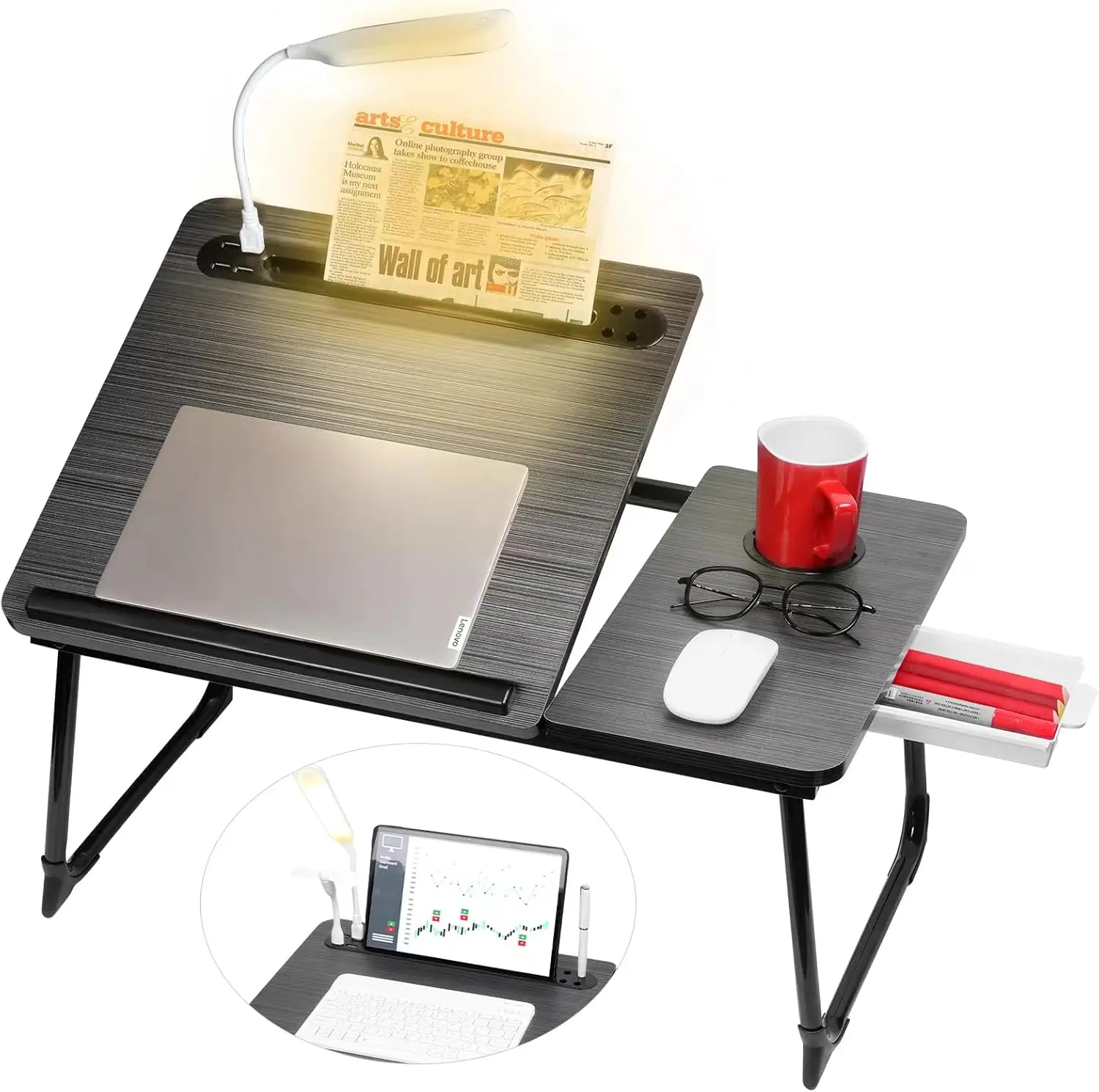 

Adjustable Laptop Desk with Light, USB Port, iPad Holder, Drawer Storage - 23.6IN Lap Desk for Bed and Home Office