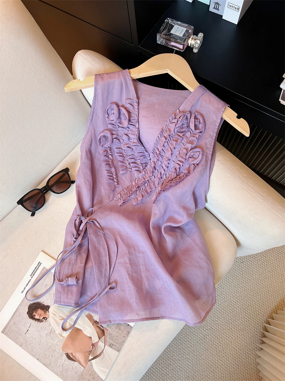 Ele 3D Flower Svel Vest irt Thin Slimming Belted Women's Summer Faionable Top Korean Sle Loose Fit V-Ne