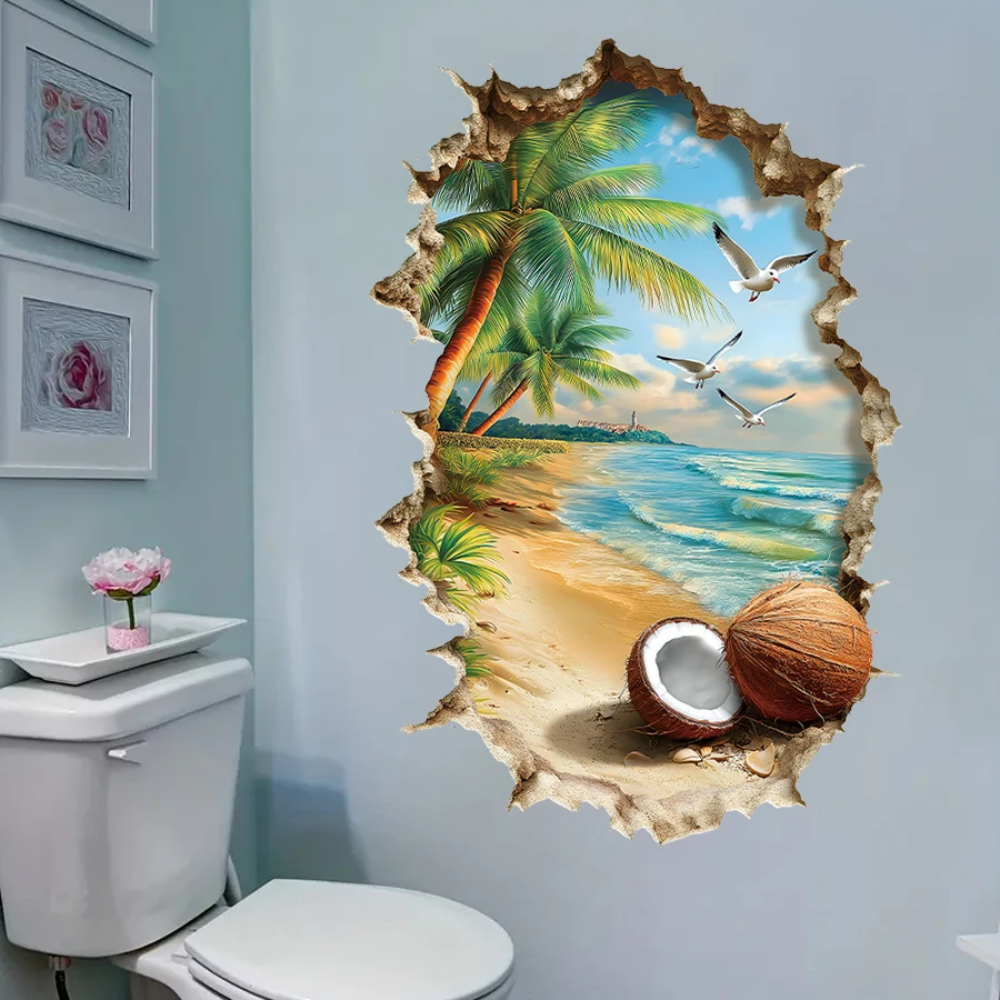 1pc Broken Wall Dolphin Ocean Wall Decal, Removable Self-Adhesive PVC Sticker for Bathroom, Kids Room, Living Room Home Decor