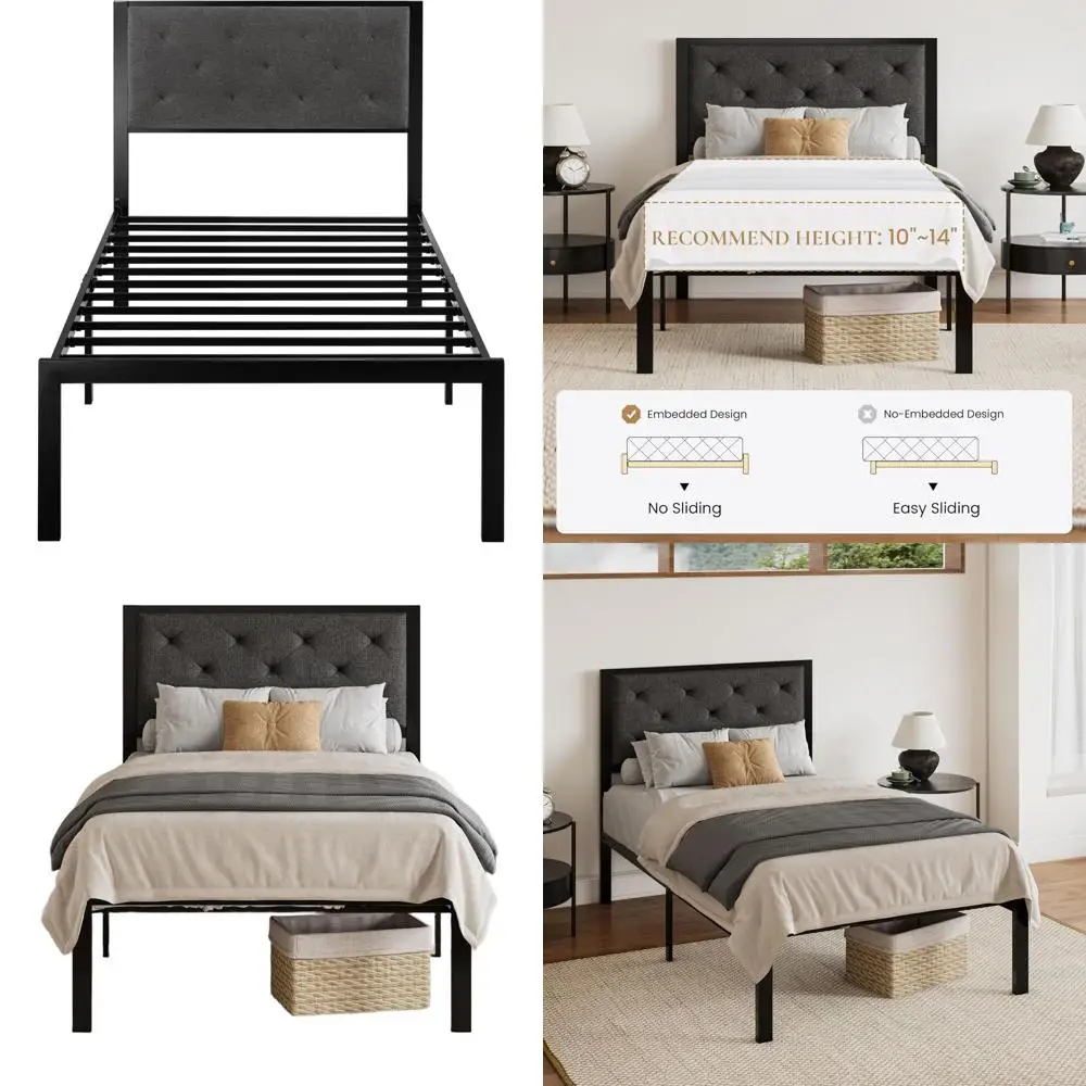 

12.4 Storage Twin Metal Bed Frame with Linen Tufted Headboard, Mattress Support, Easy Assembly, Box Spring Free, Dark Grey