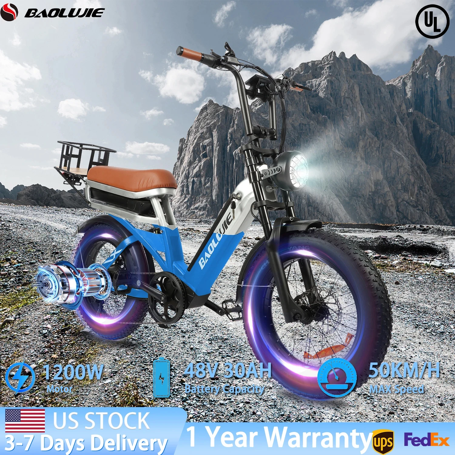 

BAOLUJIE 2033 Electric Bike for Adults，1200W 48V 30AH Electric Bicycle，50KM/H Max Speed， Mountain E bike UL2849【1 Year Warranty】