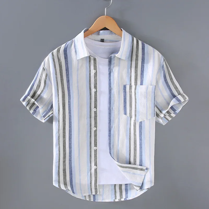 

Japan Retro Yarn-dyed Striped Short Sleeve Shirt Men 100% Linen Shirt Summer Beach Man Shirts Casual Loose Shirt Breathable Tops