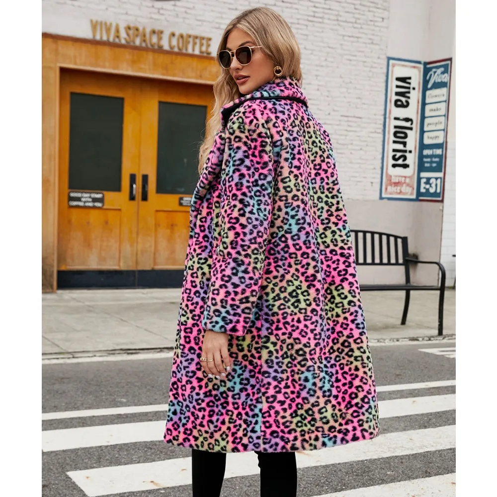 Luxury Brand Trend Square NeckFaux Fur Coat Fluffy Soft Leopard Women Autumn Winter Midi-Length Trench Coat Windproof Jacket