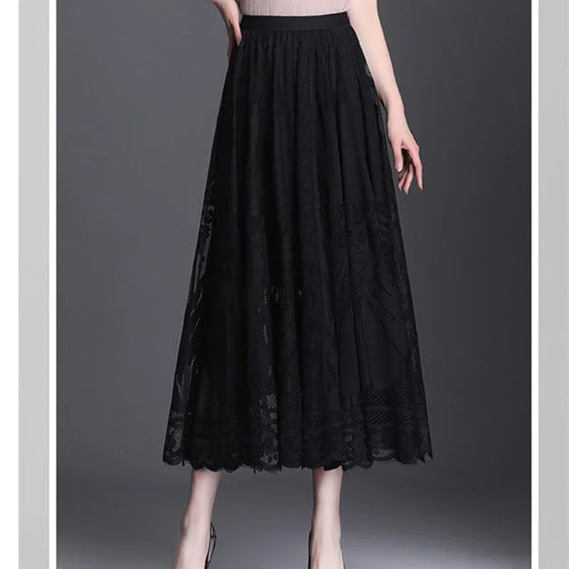 Elegant Lace Patchwork Black Skirts Spring Summer New Solid Loose Hollow Out A-line Skirt Fashion Temperament Women Clothing