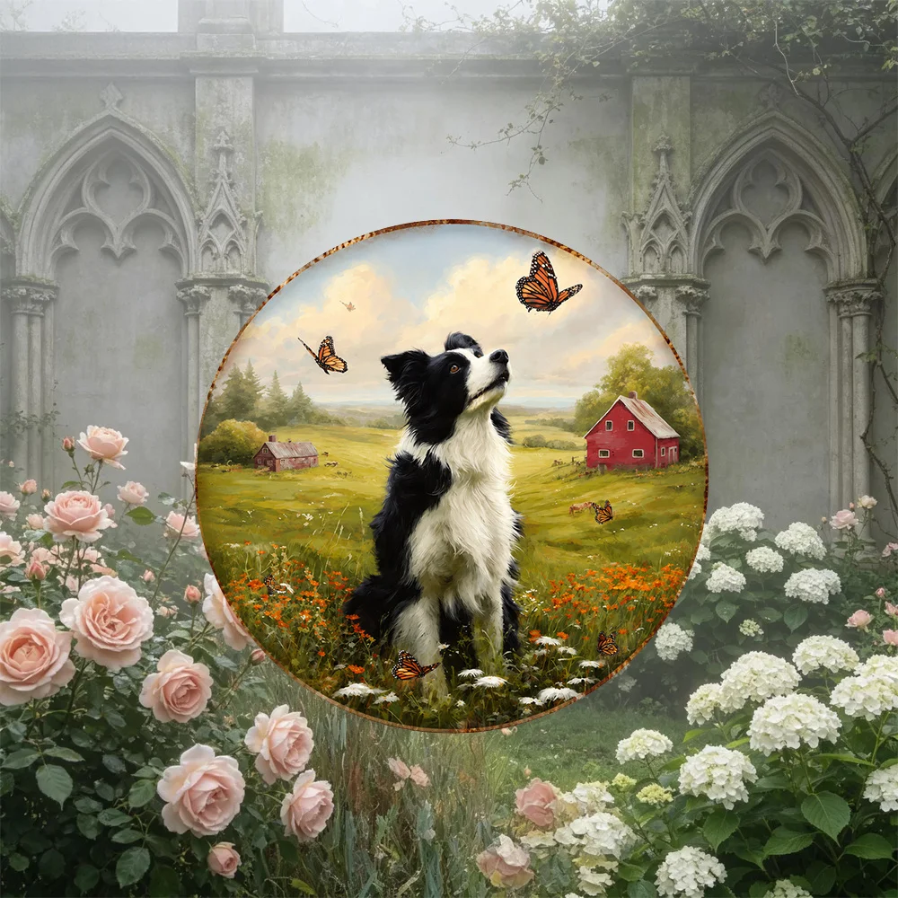 2D Flat 1pc Border Collie Butterfly Pastoral Landscape Pattern Metal Aluminum Tag Sign Round Decorative Painting, Size (7.87In X