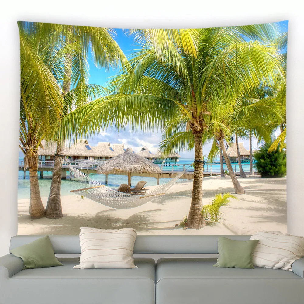 Beach Tapestry Sunrise Ocean Coastal Sunset Sea Hawaii Seaside Scene Sunbeam Wall Hanging Decor Fabric Home Dorm for Living Room