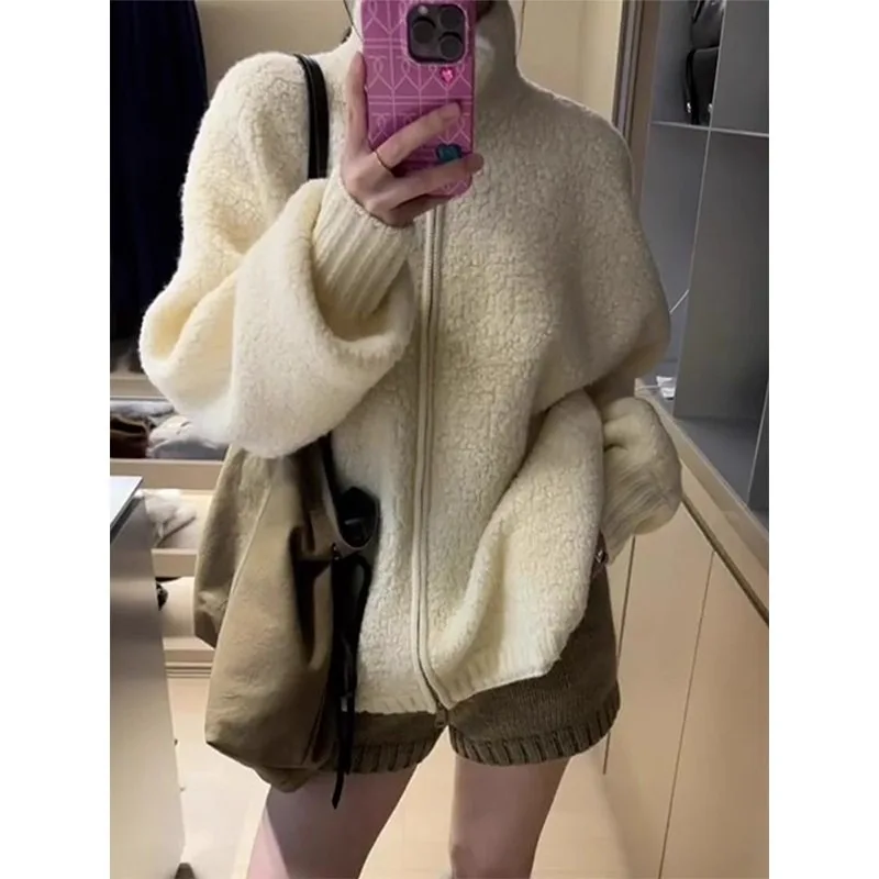 السيدات شيك فرو الضأن البلوز ملابس خارجية مزدوجة سستة الوقوف طوق فضفاض كسول Sle الشتاء الخريف حجم صغير #1