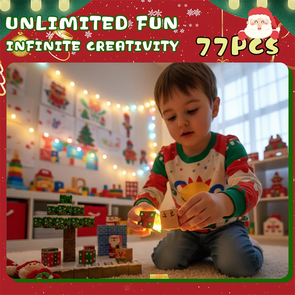 Kinderen 77-delig Creatieve magnetische kubussen Kerst Educatief DIY Stapelblokken Familieplezier Constructiespeelgoed Cadeau voor kinderen Nieuw