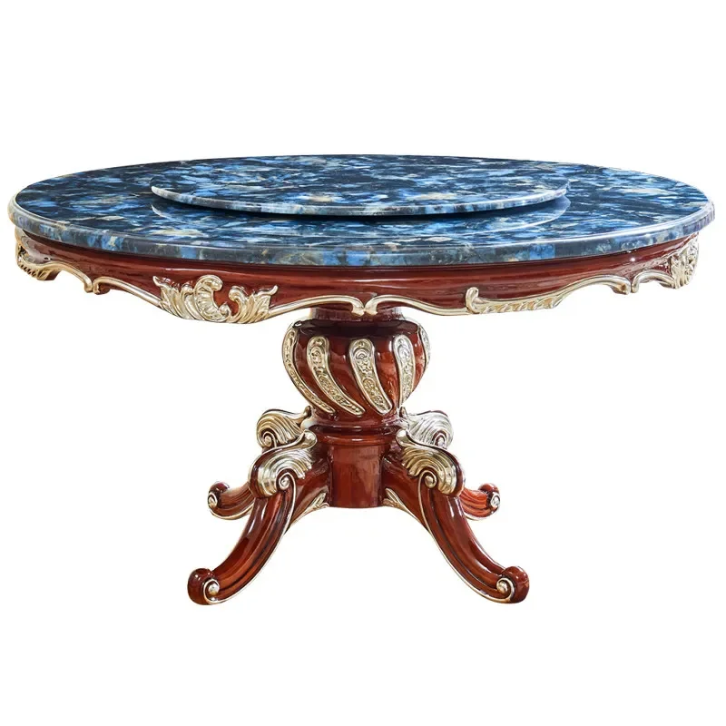 Marble dining table solid wood carving flower round table household dining table with turntable