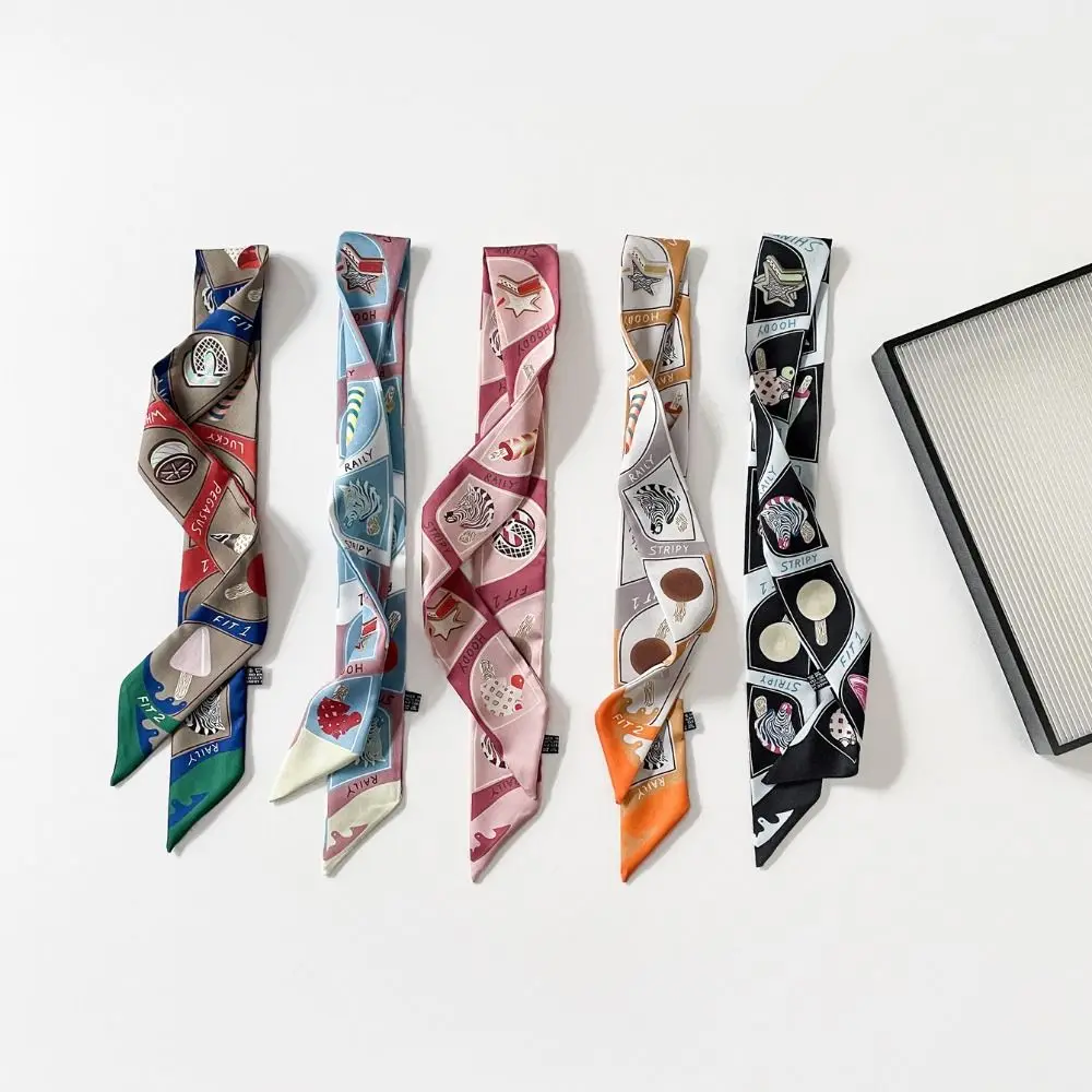 

Elegant Bow Ties Long Silk Scarf Ice Cream Printed Plaid Scarf Floral Hair Band Long Ribbon Scarves Women