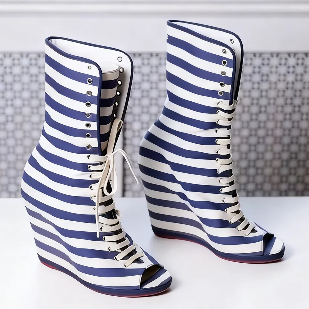 

Striped Lace Up Wedges Peep Toe Ankle Boots Sexy Round Toe Mixed Colors Accept Customized New Arrivals Fashion Women Boots