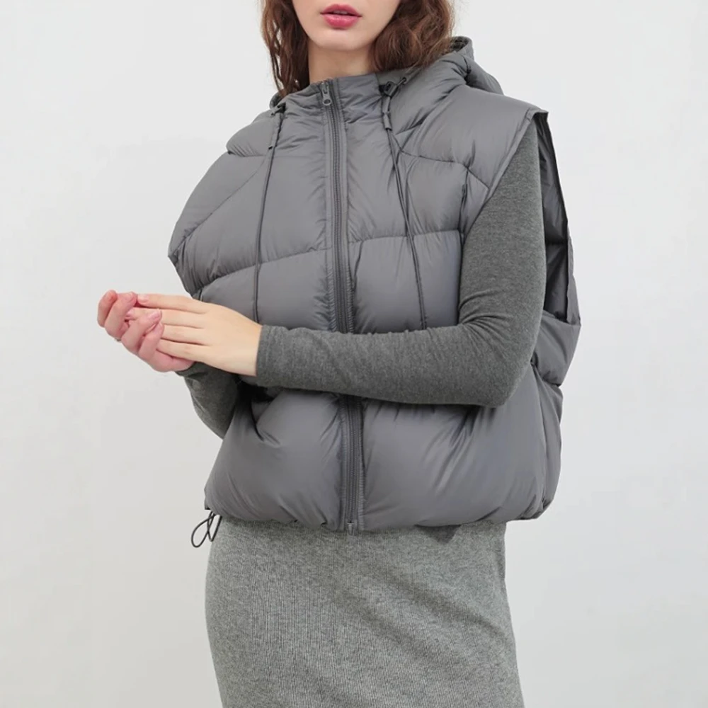 معطف نسائي للخريف والشتاء بدون أكمام مع غطاء للرأس وتصميم عادي مريح وسترة قطنية أساسية يومية مع جيوب