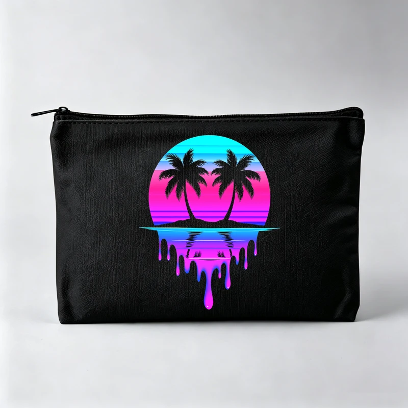 Tropical Palm Tree Sunset Graphic Makeup Bag, Retro Style Cosmetic Pouch for Daily Use