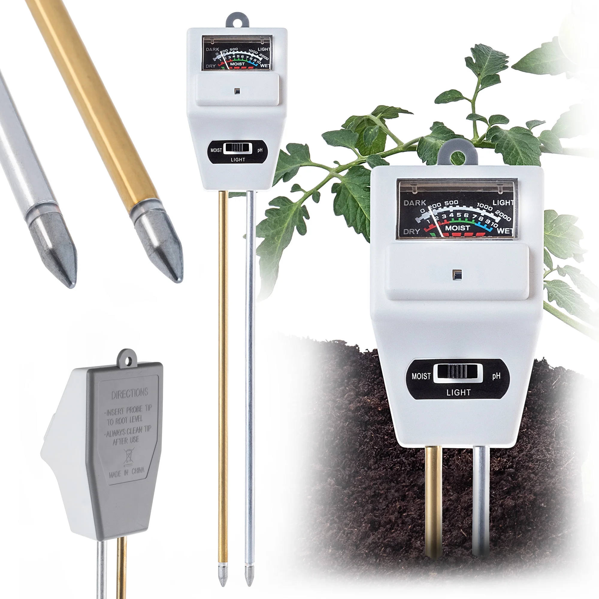 Kadax 3-in-1 bodemmeter, analoge pH-tester, vocht- en zonlichtmeter, batterijloos, vierkant, 1 stuk.