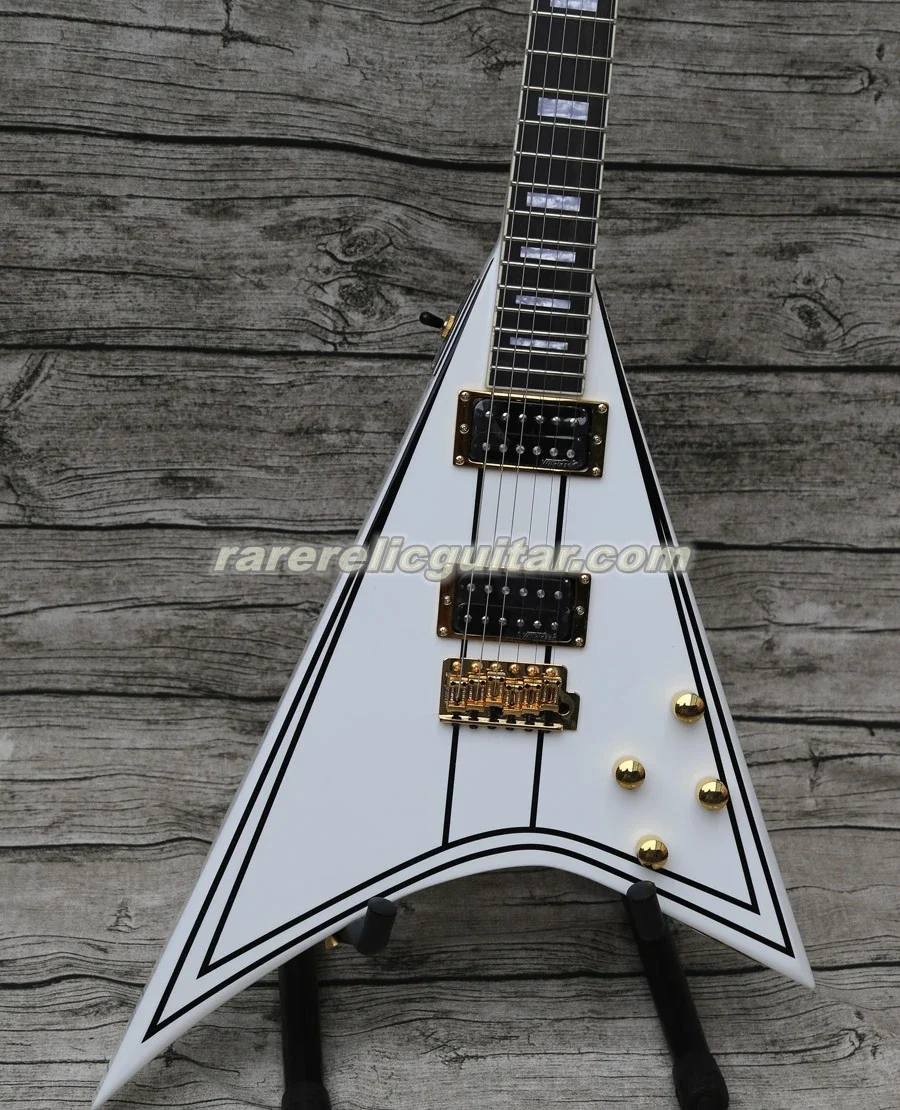 In Stock Randy Rhoads RR 1 Black Pinstripe White V Electric Guitar Gold Hardware, Block Inlay, Tremolo Bridge Whammy Bar