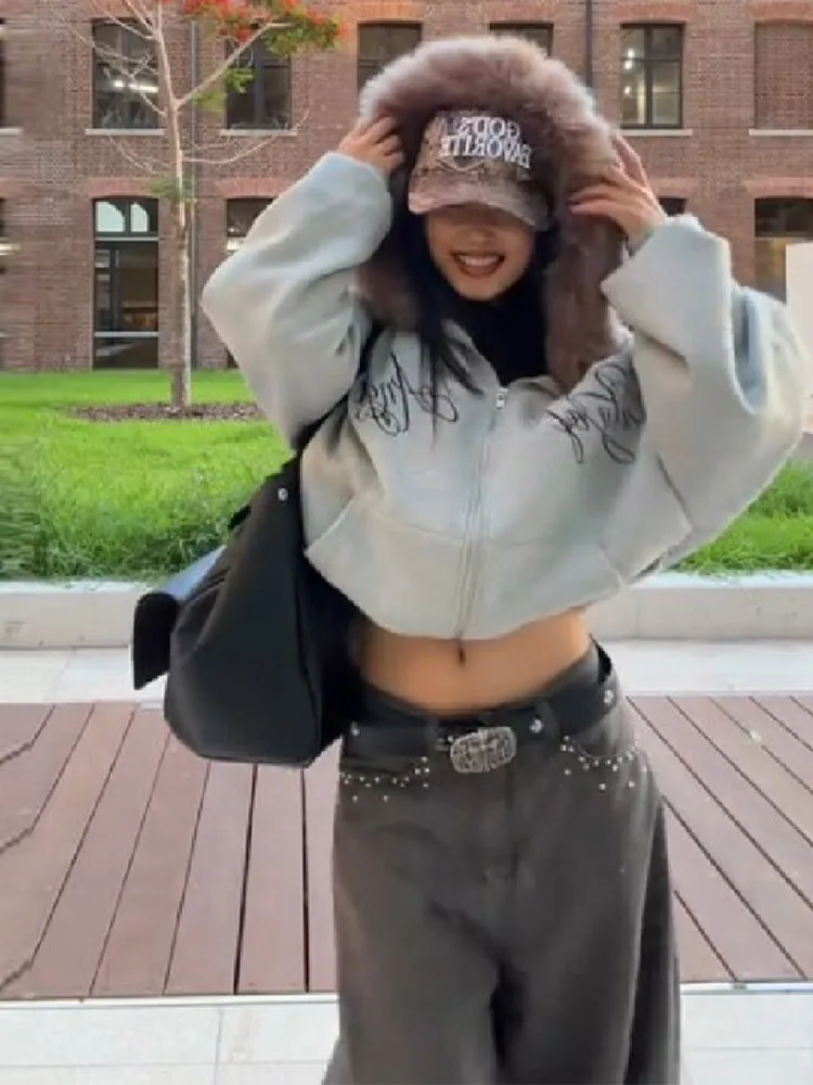 

Women Chic Letter Zipper Casual Loose Hooded Top Trendy Solid Color Long Sleeved Crop Top Jacket Winter New High Street Outwear