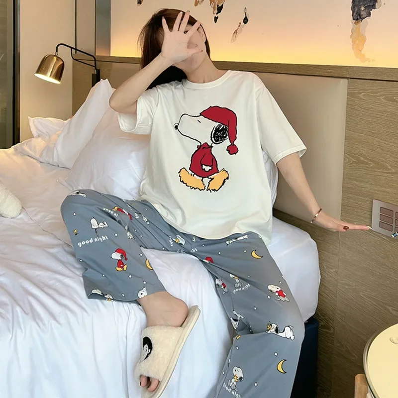 Girl nightwear Short Sleeve Trousers Casual Suit Snoopy  sleepwear Summer New Pajama  Home Clothes