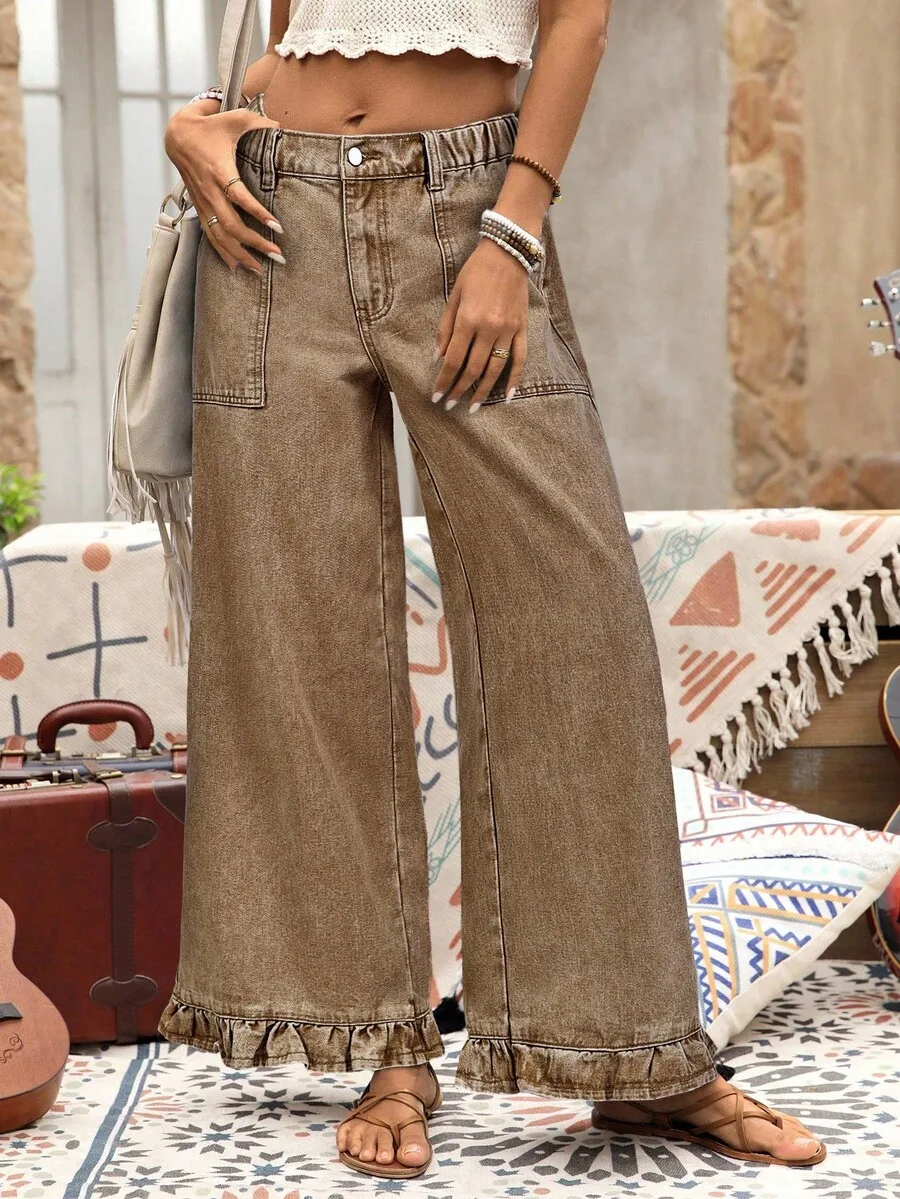 

Wide Leg Denim Pants With Ruffle Hem Vacation Style