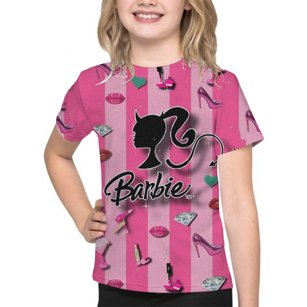 T-shirt manches courtes pour fille, estival et décontracté, avec impression de dessin animé Barbie, 2024