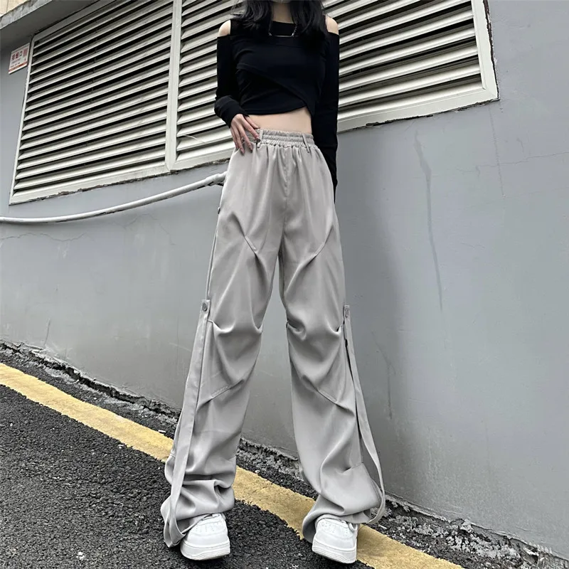 Streetwear Cargo Pants Women 2023 New Design High Waist Elastic Pleated Straight Hip Hop Black Pants Baggy Trousers