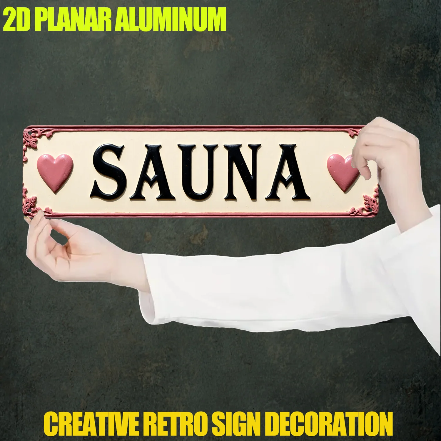2D Flat - Letrero vintage "Sauna" de aluminio plano 2D con detalles en forma de corazón | Arte de pared rústico para el hogar, garaje, cafetería, porche y G