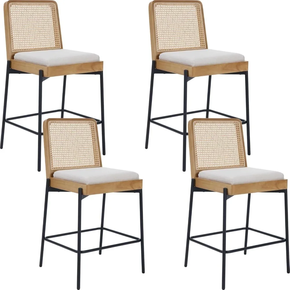 26 Inch Counter Height Linen Barstools Rattan Backrest Upholstered Bar Chairs with Metal Legs for Kitchen Dining Room