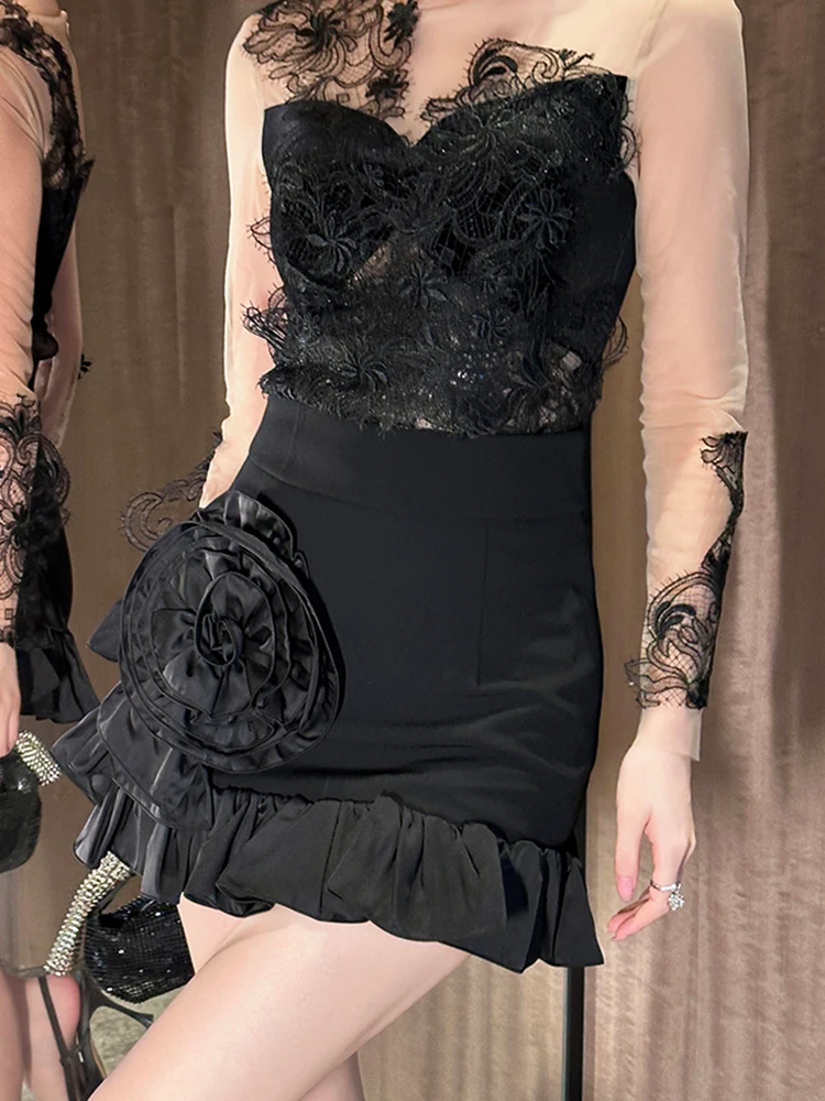 レディース服 エレガント ブラック ラッフル Aライン ショートスカート 女性 カジュアル スイート 花柄 セクシー ハイウエスト ラップ ヒップ ミニスカート ファッション 新作