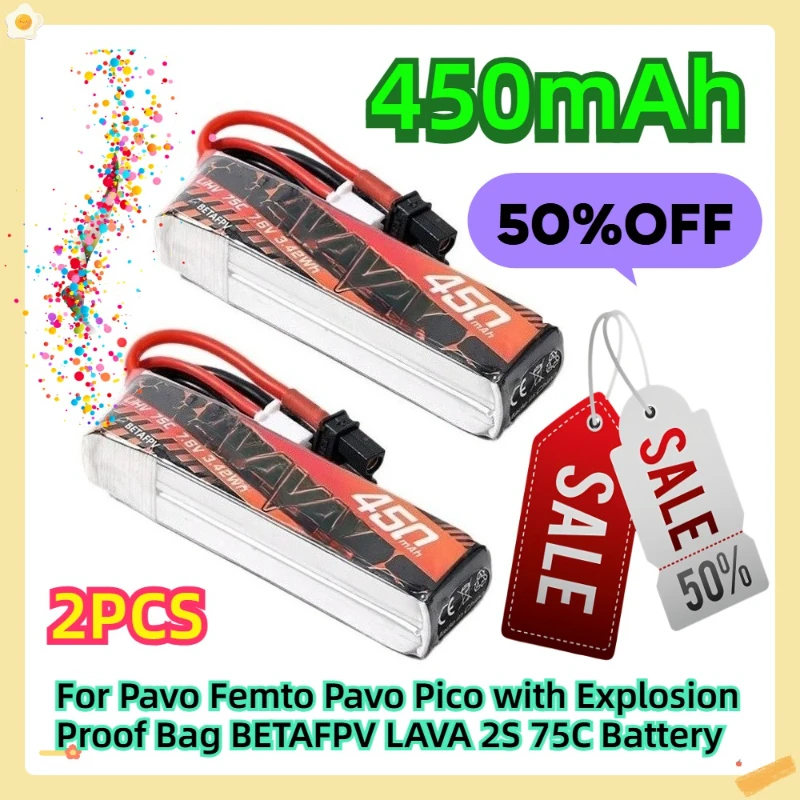 

For Pavo Femto Pavo Pico with Explosion Proof Bag BETAFPV LAVA 2S 450mAh 75C Battery 2pcs